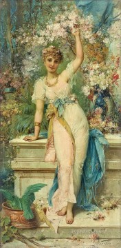 古典的な花 Painting - ハンス・ザツカの古典的な花に立っている花の女の子